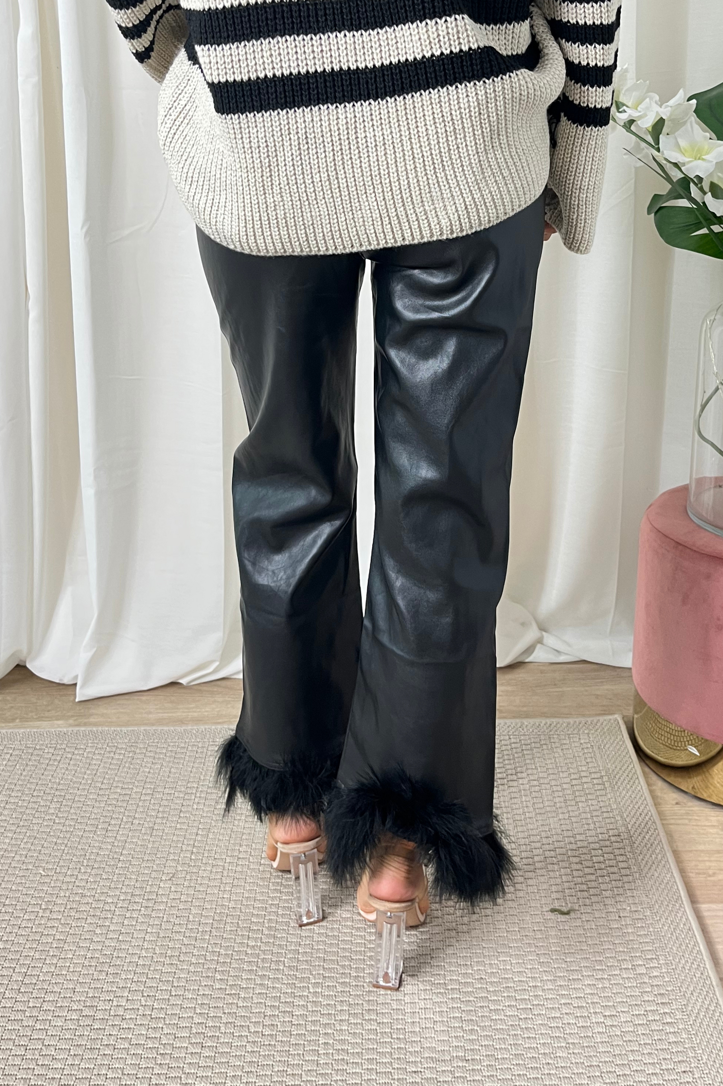 Black PU Feather Trim Trousers