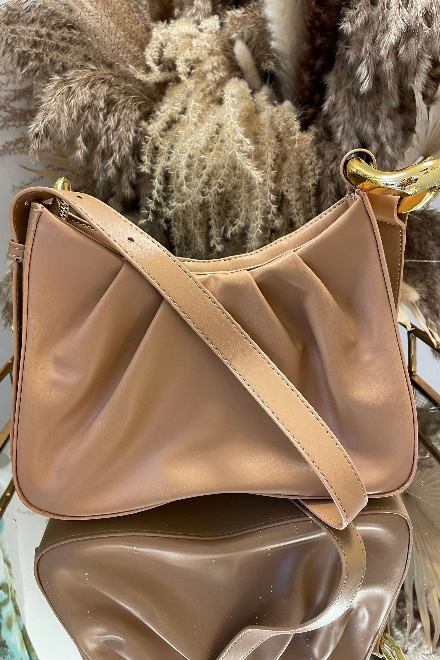 Tan Faux Leather Golden Chain Shoulder Bag