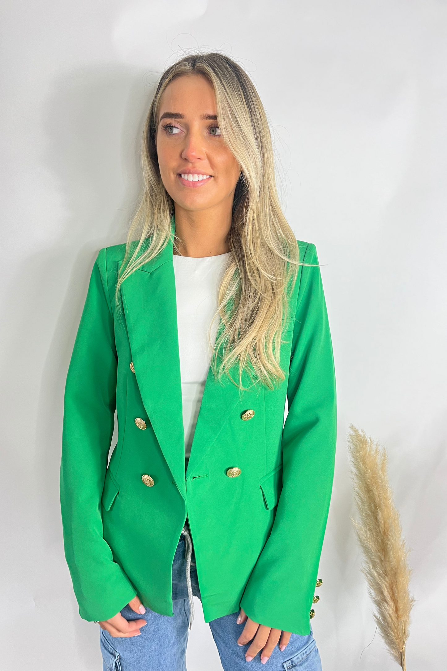 Green Button Golden Buttons Double Breasted Blazer
